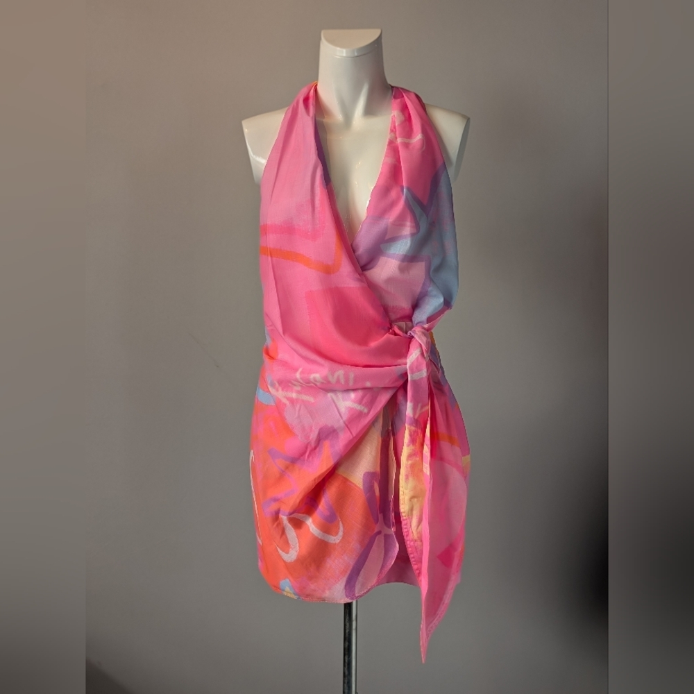 Kulani Kinis Bright Pink and Purple Halter Faux Wrap Dress Size XS NWT